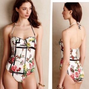 Anthropologie floral scalloped maillot swimsuit